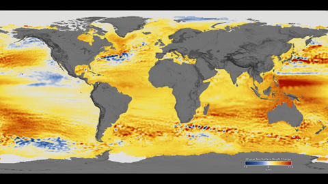 TOPEX/JASON 22-year sea level data. Flat map - print still. With color bar